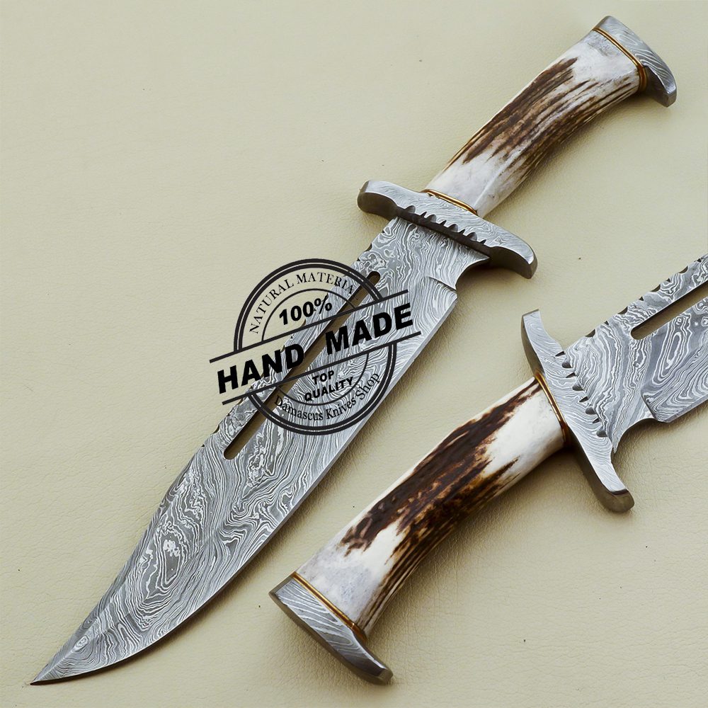Damascus Rambo Bowie Knife Custom Handmade Damascus Steel Knife 3201