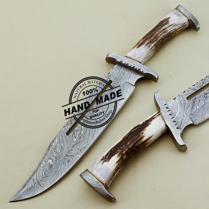 Damascus Rambo Bowie Knife Custom Handmade Damascus Steel Knife 3201