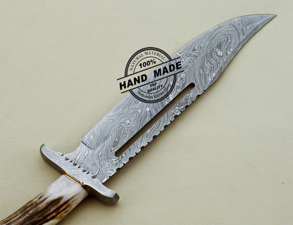 Damascus Rambo Bowie Knife Custom Handmade Damascus Steel Knife 3201