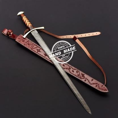 Damascus Viking Sword Custom Handmade Damascus Steel Fixed Blade 3804